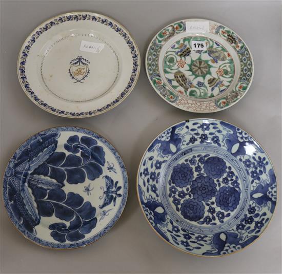 Four Chinese export plates, 18th/19th century including a famille verte sea creatures plate